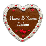 Lebkuchenherz mit Name und Datum weisser Rand mit Herz